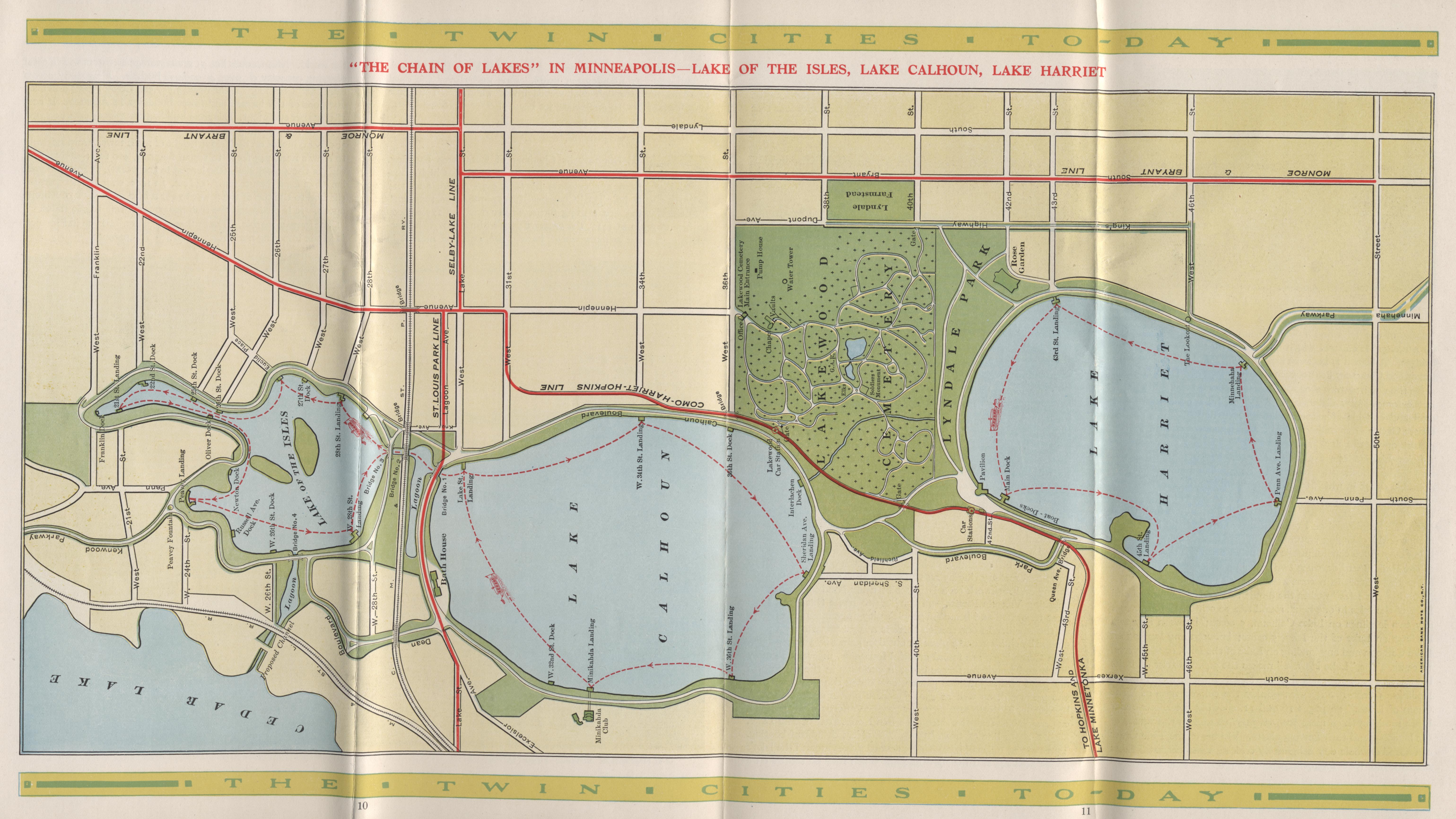 map of lake ferries, twin cities today, 1913