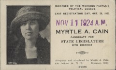 myrtle cain, voter card, side one, hclib vertical files