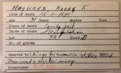 Harry Hayward burial card, soldiers and pioneers cemetery